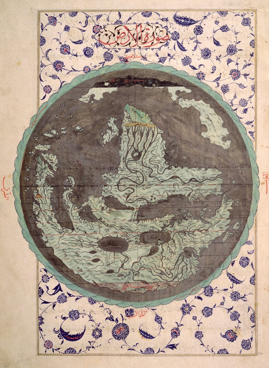CBL T.414 fol.34a दुनिया के नक्शे, 16 वीं सदी के अंत में, द क्रीम ऑफ़ हिस्टरीज़ की जुबदत अल-तवारिख की एक प्रति से द्वारा ओटोमन स्कूल
