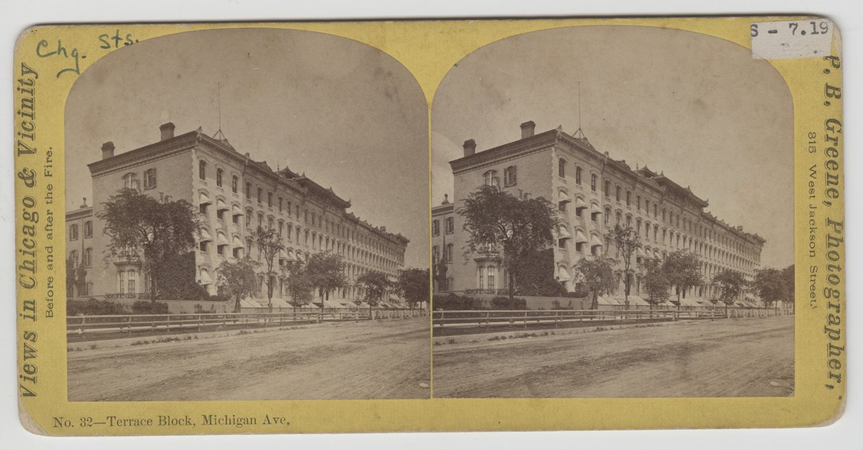 1871 के शिकागो फायर से पहले मिशिगन एवेन्यू पर टैरेस ब्लॉक का स्टेरोग्राफ द्वारा पीबी ग्रीन
