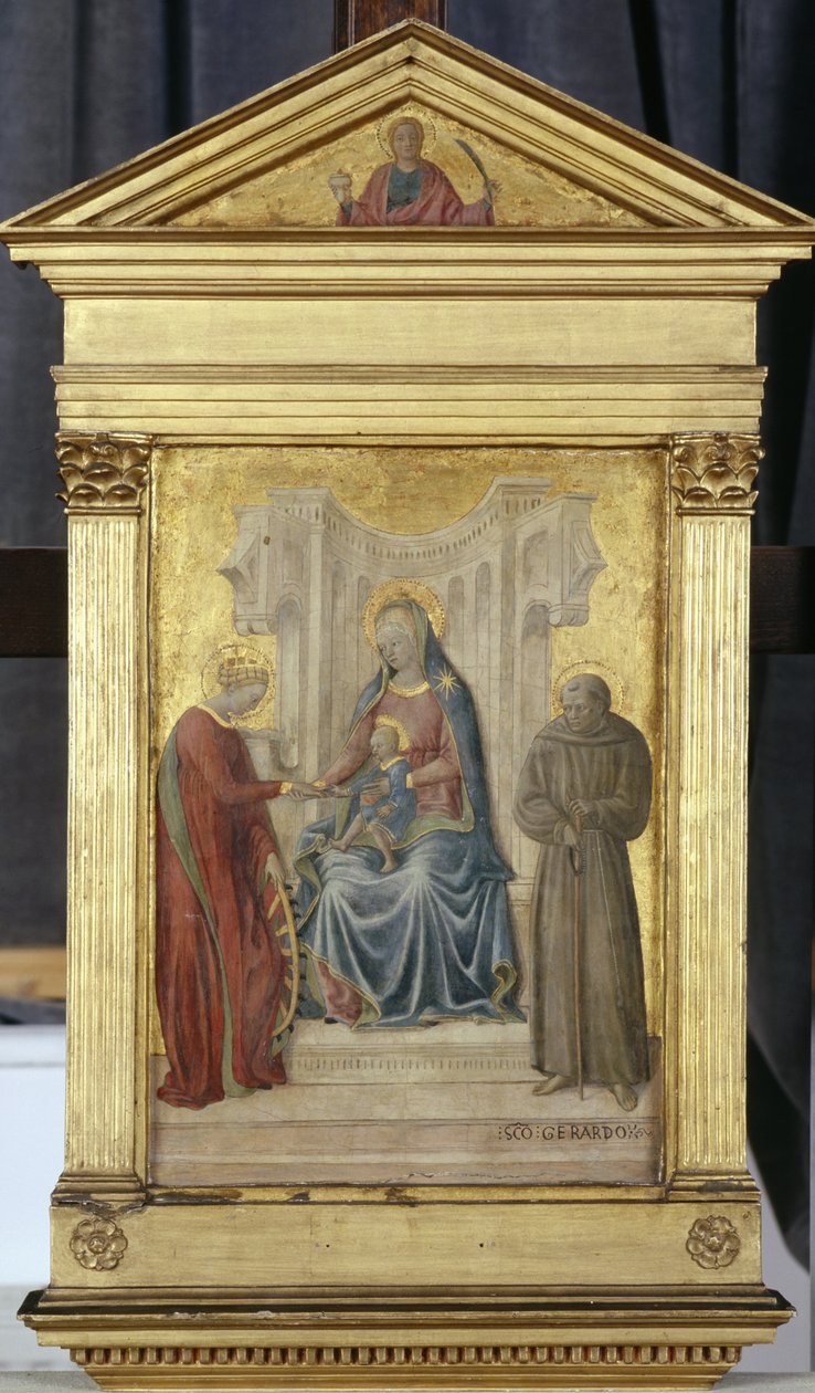 बाल और संन्यासी गेरहार्ड और कथरीना के साथ उत्साहित मैडोना, c.1450 (चिनार की लकड़ी पर ताप) द्वारा पाओलो डि स्टेफानो बडालोनी शियावो