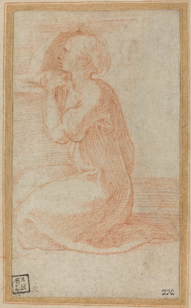 घुटनों के बल बैठी महिला अपना हाथ सिर पर उठा रही है द्वारा Parmigianino