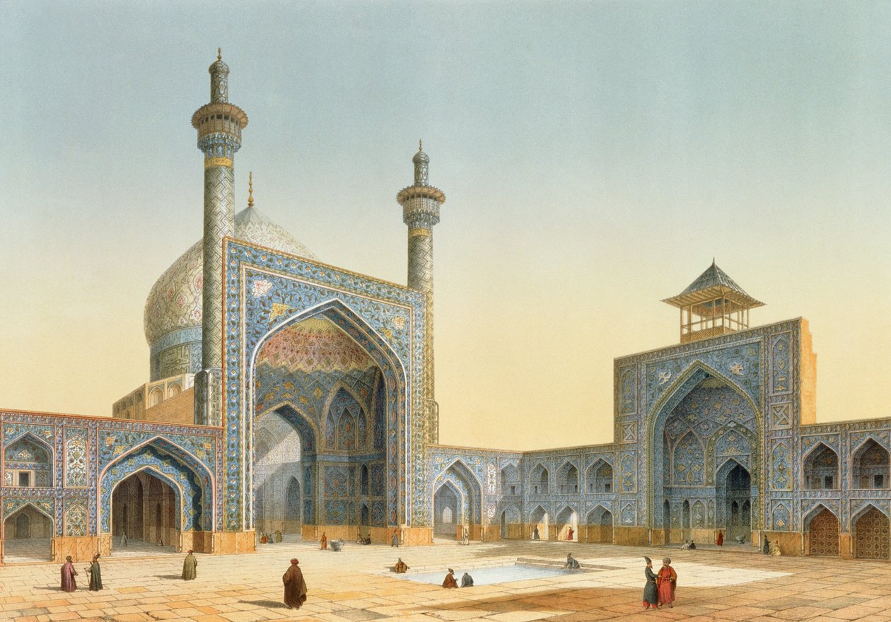 1856 में बशेलियर द्वारा उकेरी गई &39;आधुनिक स्मारकों फारस&39; के मेसजिद-ए-शाह, इस्फ़हान के आंगन का दृश्य द्वारा पास्कल जेवियर कॉस्टे
