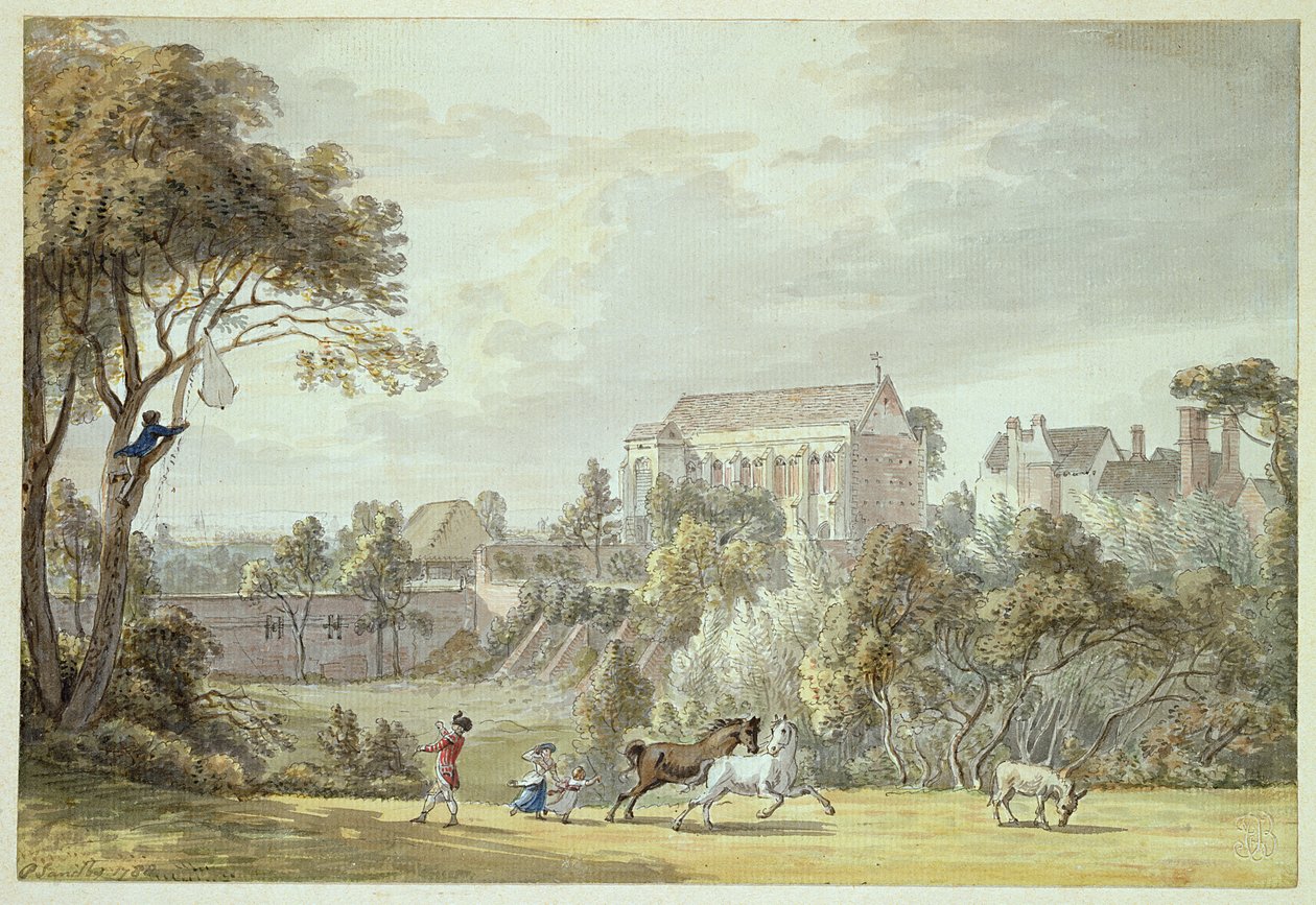 किंग जॉन्स पैलेस, एल्थम - एक पतंग, 1788 (कलम और स्याही और wc) को पुनः प्राप्त करना द्वारा पॉल सैंडबी