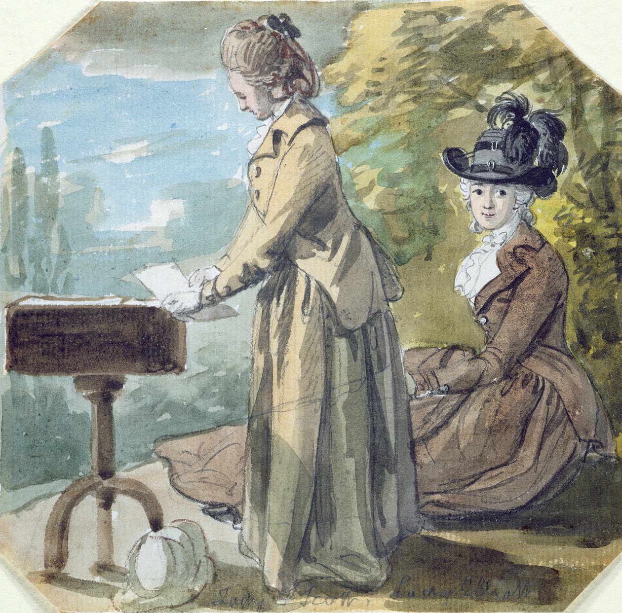लेडी फ्रांसिस स्कॉट और लेडी इलियट, c.1770 (wc ओवर ग्रेफाइटेड पेपर पर) द्वारा पॉल सैंडबी