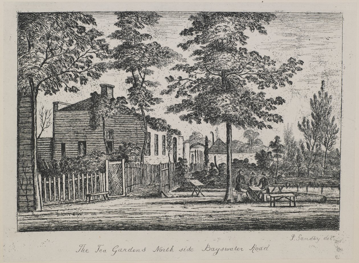 द टी गार्डन, उत्तर की ओर बायस्वाटर रोड, c.1780 द्वारा पॉल सैंडबी