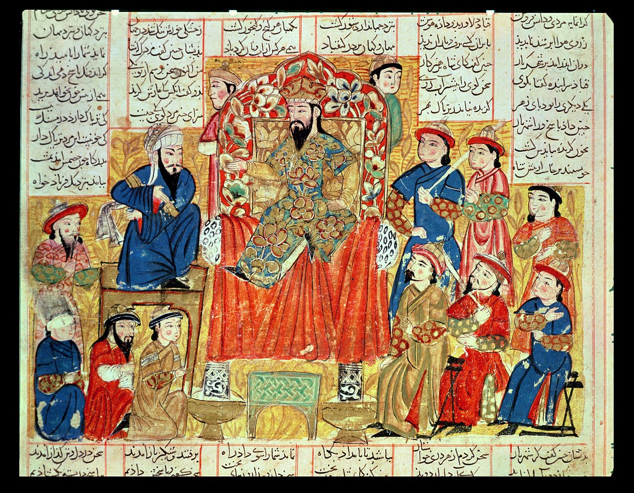 एक सुल्तान और उसका दरबार, अबू-कासिम मनूर फ़िरदावी (c.934-c.1020) c.1330 द्वारा &39;शाहनामा&39; (किंग्स की पुस्तक) से चित्रण द्वारा फारसी स्कूल