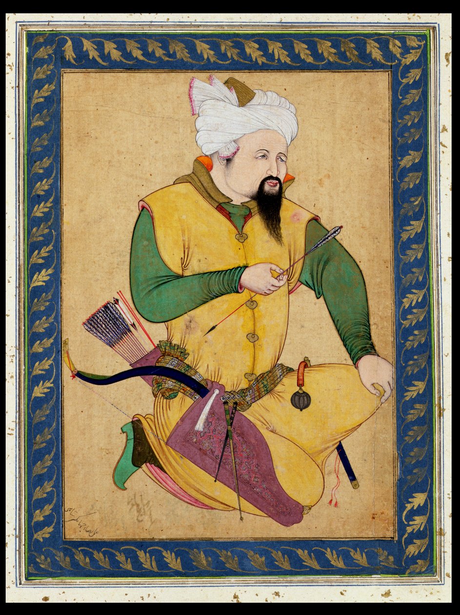 1591-92 (बड़े कपास पर पेंट) से एक तुर्कोमैन या मंगोल चीफ, एरो को पकड़े हुए द्वारा फारसी स्कूल