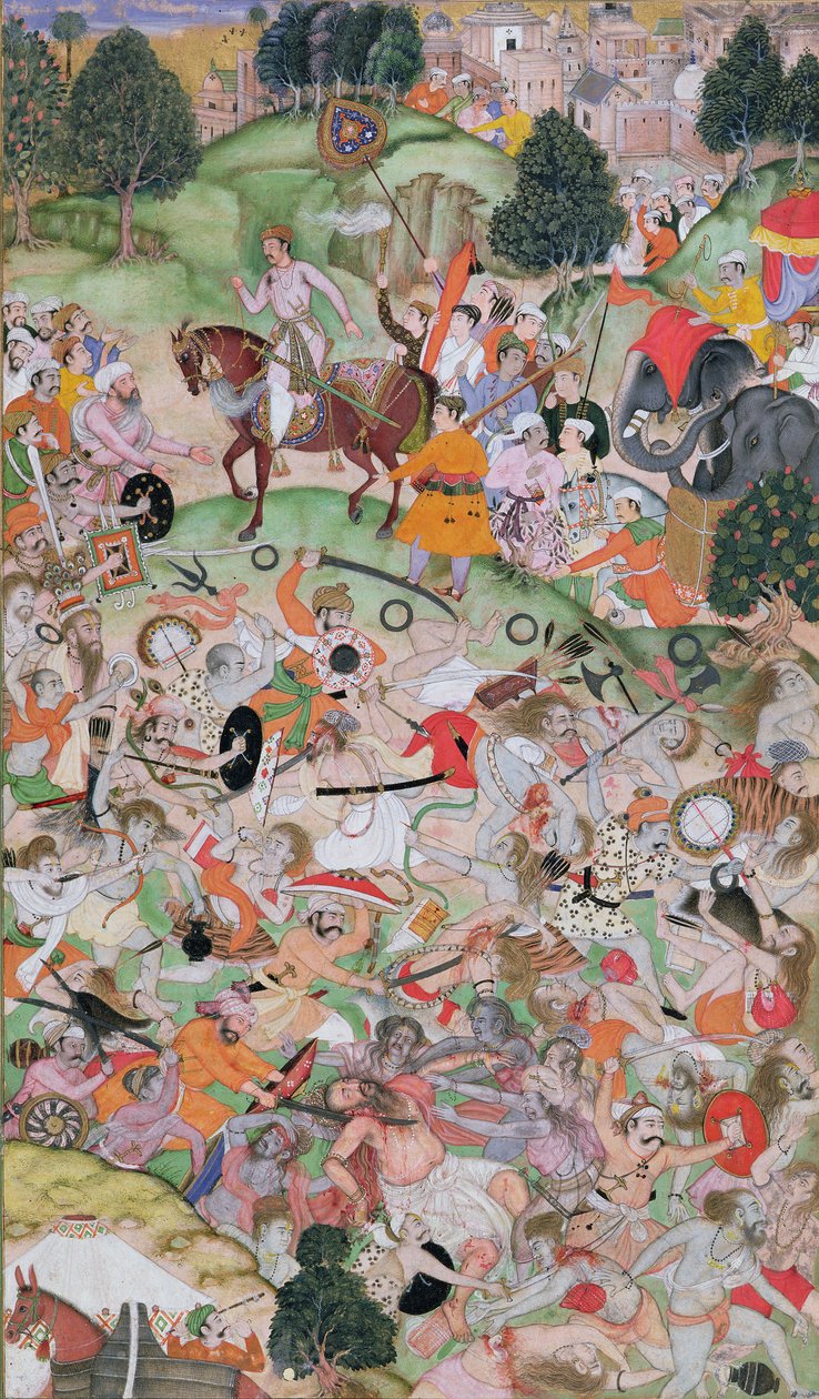 अकबर, अकबरनामा, मुगल, c.1590-95 (कागज पर अपारदर्शी wc और सोना) से तपस्वियों के झगड़े में सहायक अकबर द्वारा फारसी स्कूल