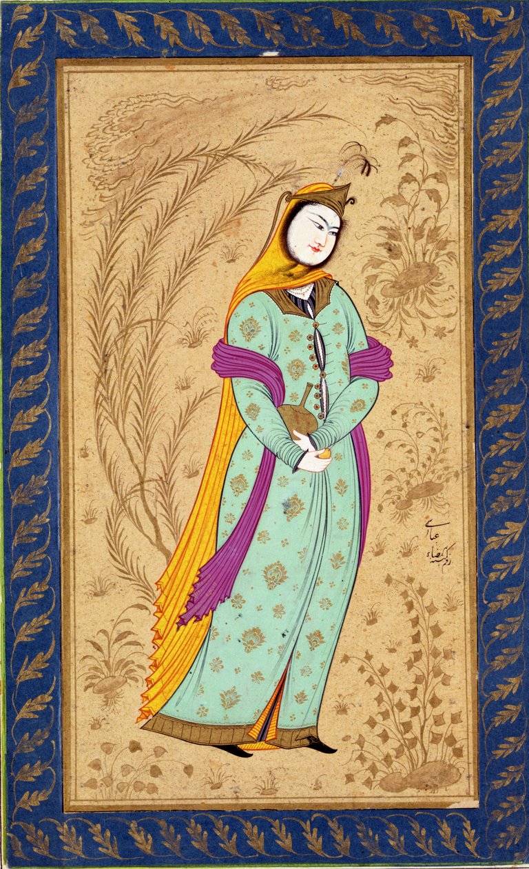 लार्ज क्लाइव एल्बम, c.1630-35 से वाइन बर्तन और नाशपाती पकड़े हुए लड़की द्वारा फारसी स्कूल