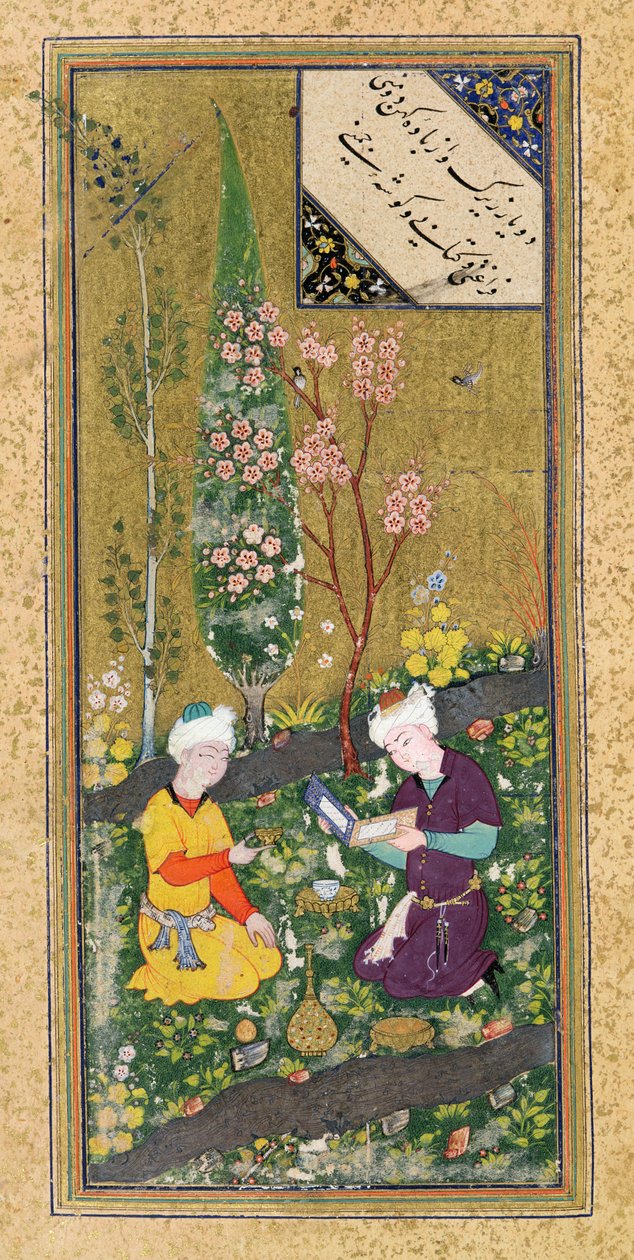 Ms C-860 fol.9a टू फिगर रीडिंग एंड रिलेक्सिंग इन ऑर्चर्ड, c.1540-50 द्वारा फारसी स्कूल