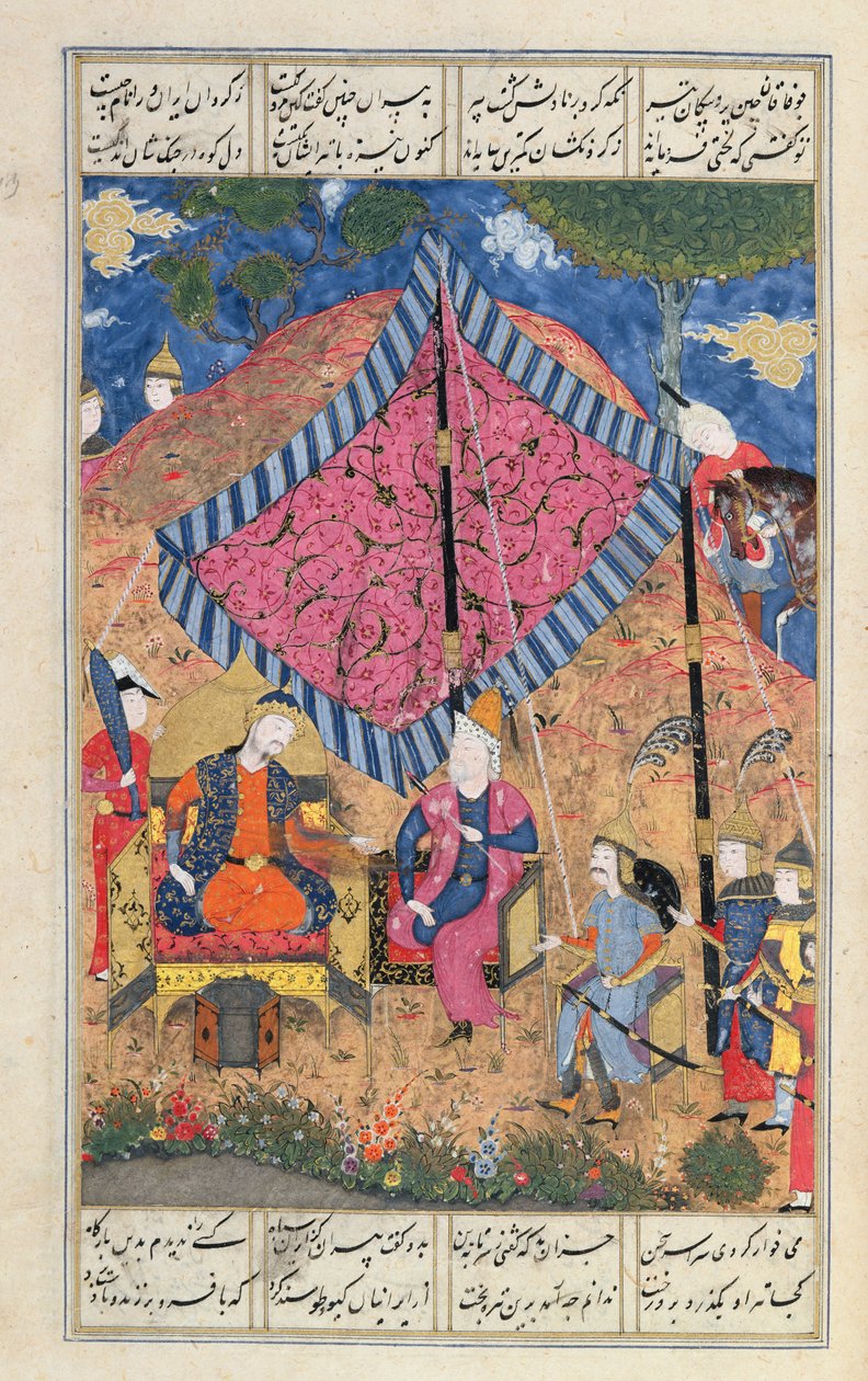 Ms D-184 fol.203a फारसी सेना के तम्बू, &39;शाहनामा&39; (किंग्स की पुस्तक), अबू-कासिम मनूर फ़िरदावी (c.934-c.1020 ).1.1510-40 द्वारा चित्रण द्वारा फारसी स्कूल