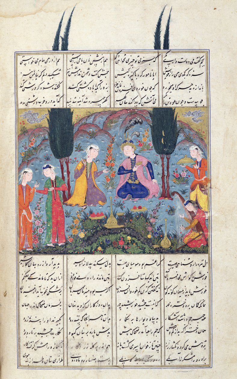 सुश्री डी -184 fol.381a कोर्ट सीन इन ए गार्डन, अबूएल-कासिम मनूर फ़िरदावी (c.934-c.1020) c.11010-40 द्वारा &39;शाहनामा&39; (किंग्स बुक) से चित्रण द्वारा फारसी स्कूल