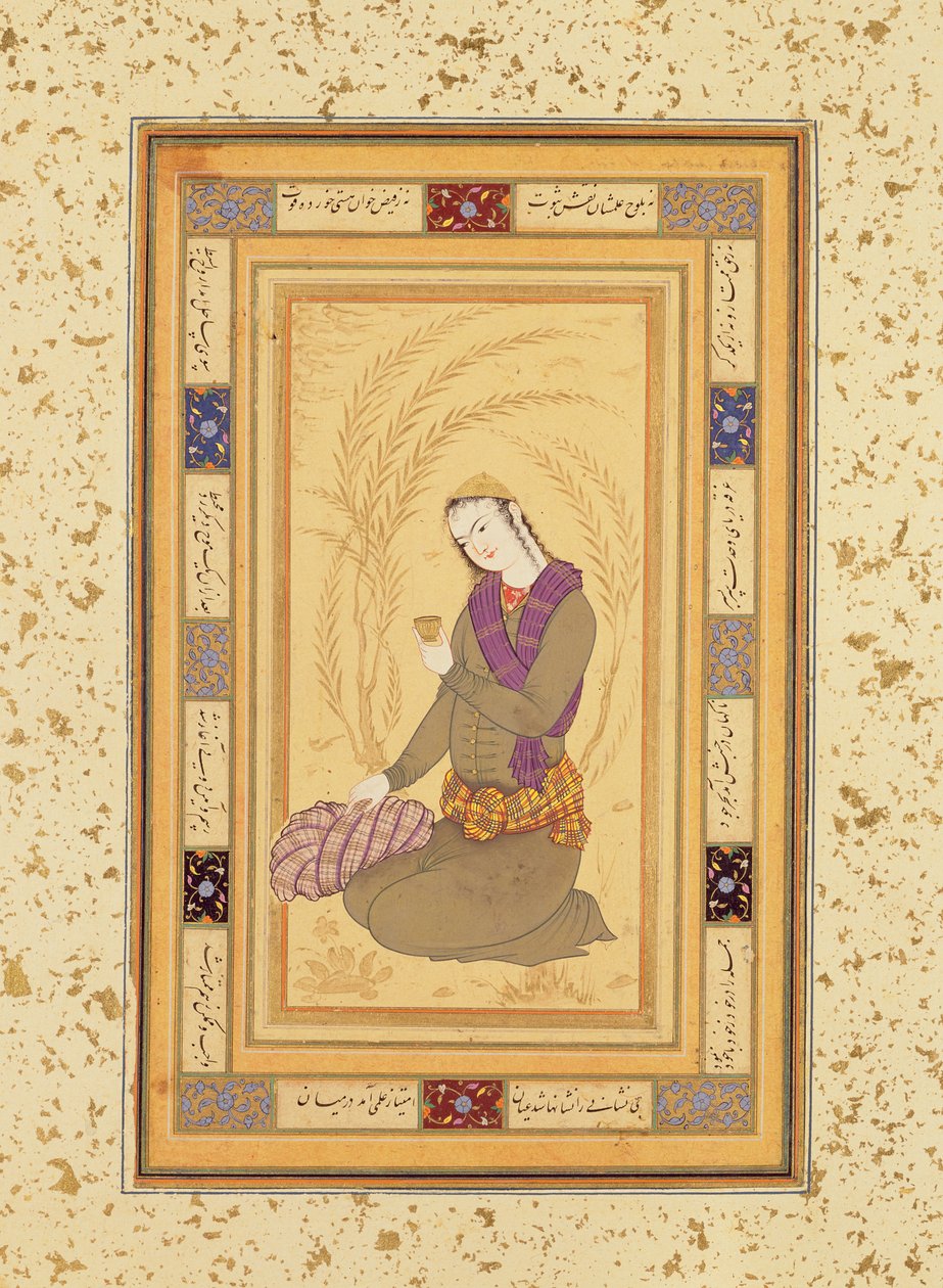 बड़े कपल एल्बम, c.1610-20 से एक कप पकड़े हुए युवा द्वारा फारसी स्कूल