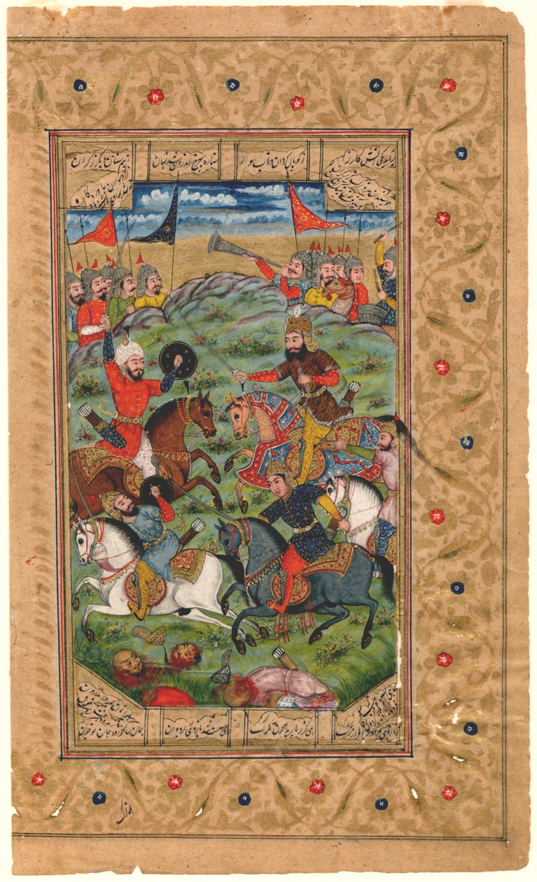 शाहनामा: रुस्तम और इसफैंडियार ने अपनी लड़ाई शुरू की, 1600-1625 (स्वभाव) द्वारा फारसी स्कूल