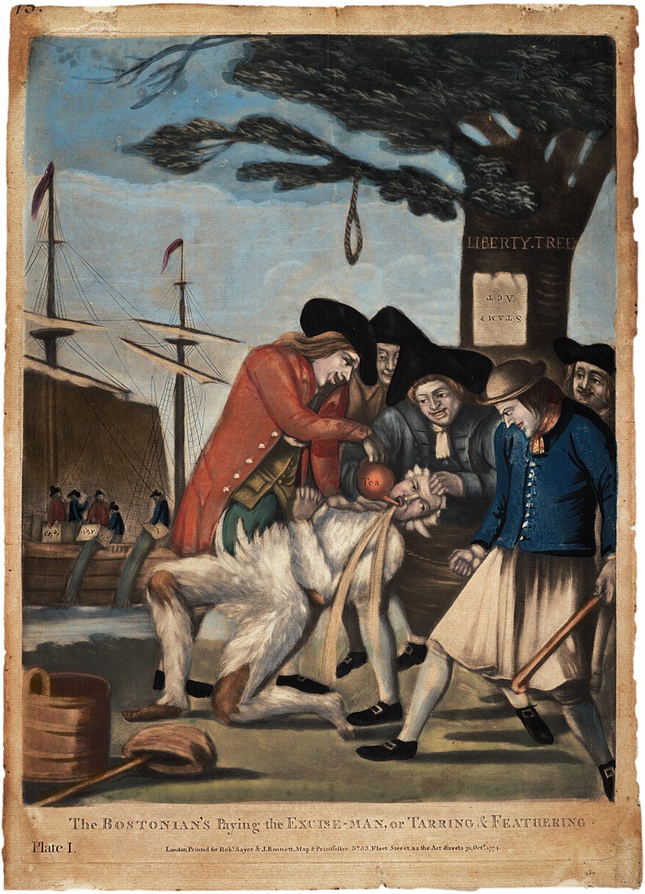द बाइसेनियन का पेइंग एक्साइज-मैन, या टेरिंग एंड फेदरिंग, 1774 (हाथ से सजी रंग की नक्काशी) द्वारा फिलिप डावे
