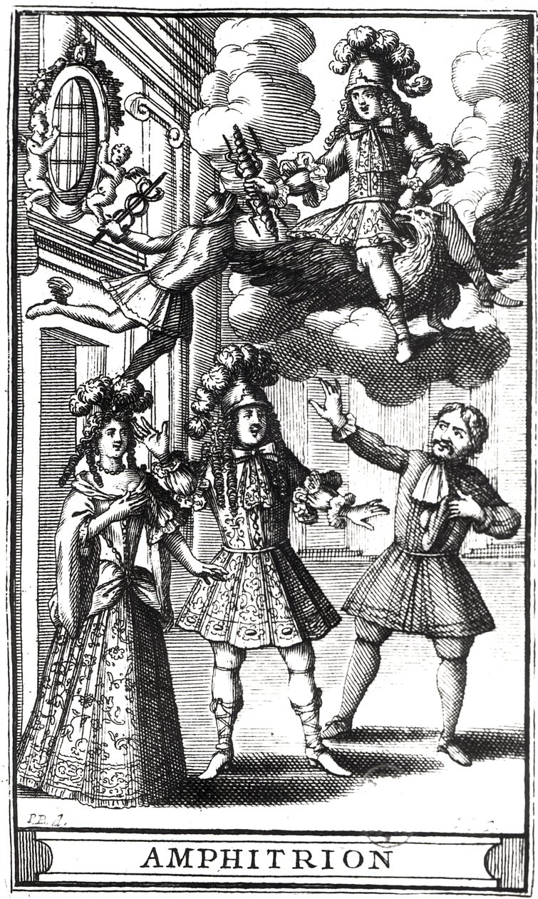मोलिअरे (1622-73) द्वारा &39;एम्फीट्रियॉन&39; के लिए फ्रंटस्पाईर, जीन सॉवे द्वारा उत्कीर्ण (fl.1660-91) 1668 में पेरिस में प्रकाशित द्वारा पियरे ब्रिसर्ट