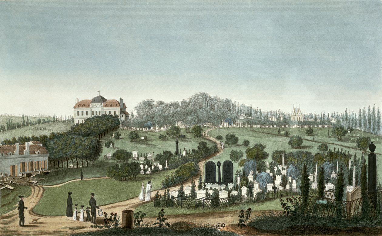 प्रवेश द्वार, 1815 (रंग उत्कीर्णन) से पेरेचिस कब्रिस्तान का दृश्य द्वारा पियरे कौरवोइसियर