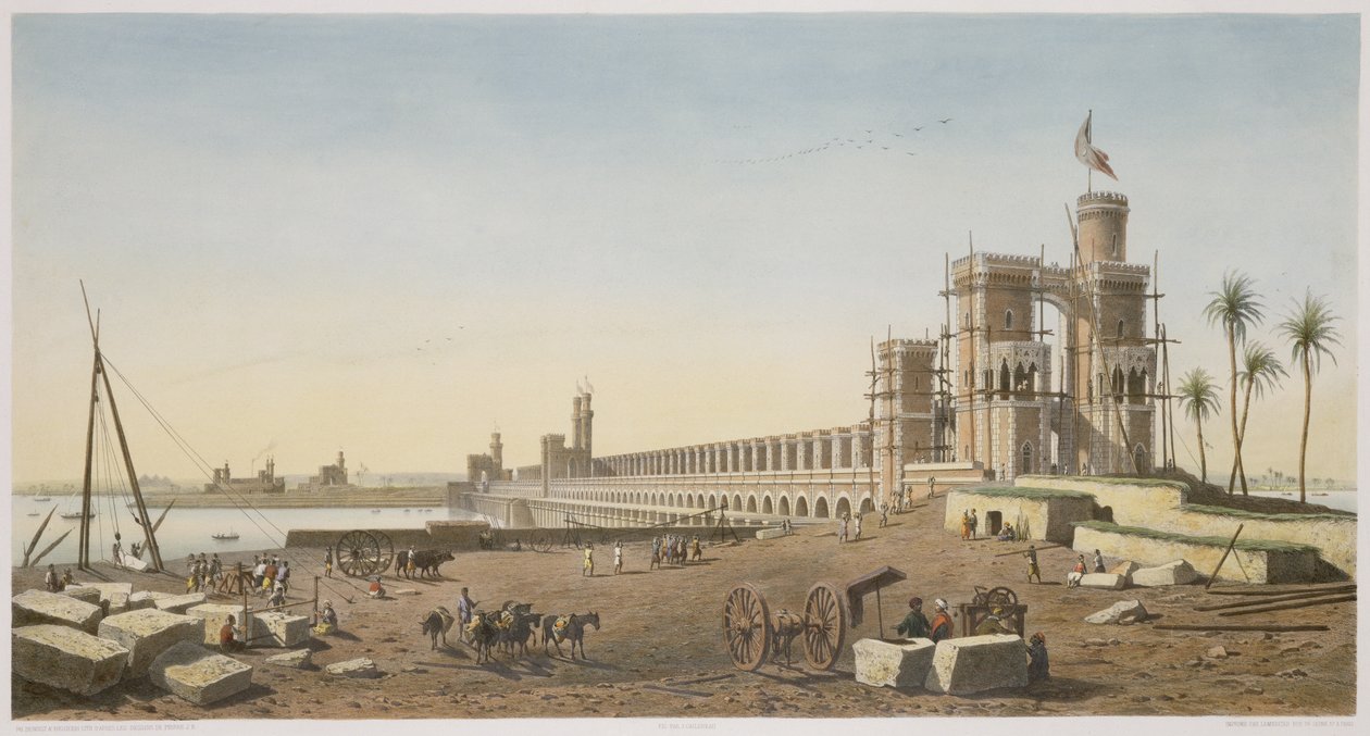 फिलिप्पी बेनोइस्ट (1813-c.1905) और यूजीन सिसरई (1813-90) 1853 द्वारा उत्कीर्ण, असवान बांध की इमारत, नील नदी के पार का बांध द्वारा पियरे जोसेफ बाजीन