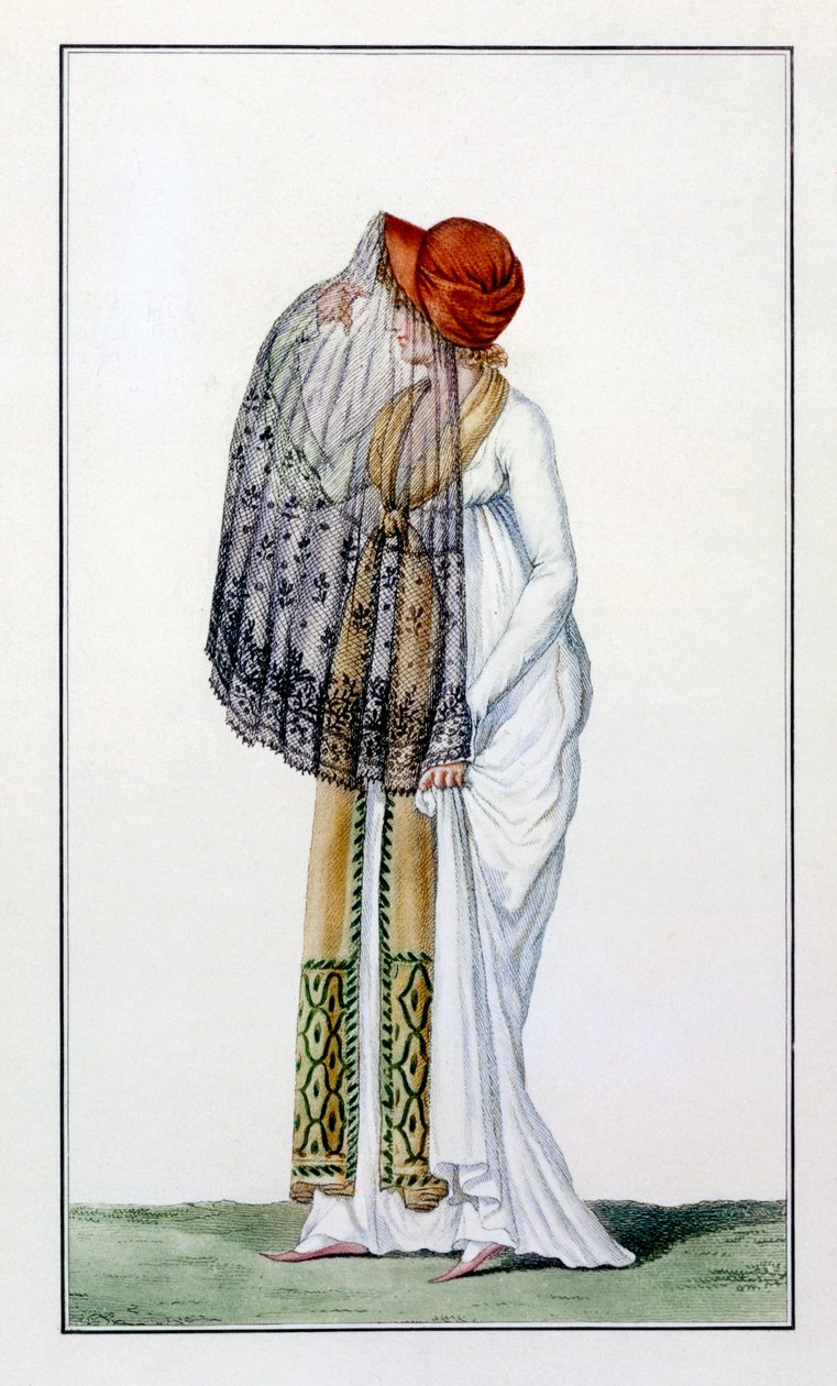 जर्नल डेस डेम, 1799 से घूंघट के साथ महिला दिवस की पोशाक द्वारा पियरे डे ला मेसांगेरे