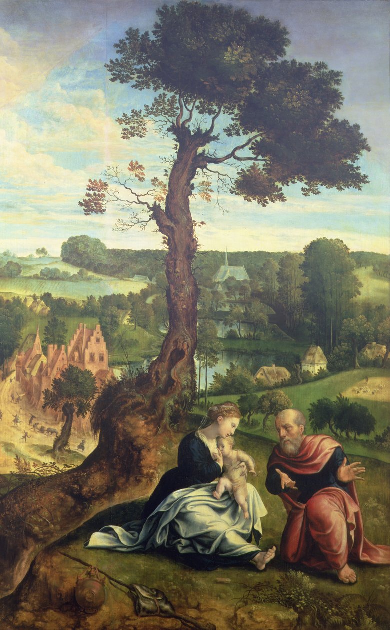 मिस्र में उड़ान पर आराम, c.1534-40 (पैनल) द्वारा पीटर कोएके वैन एलेस्ट