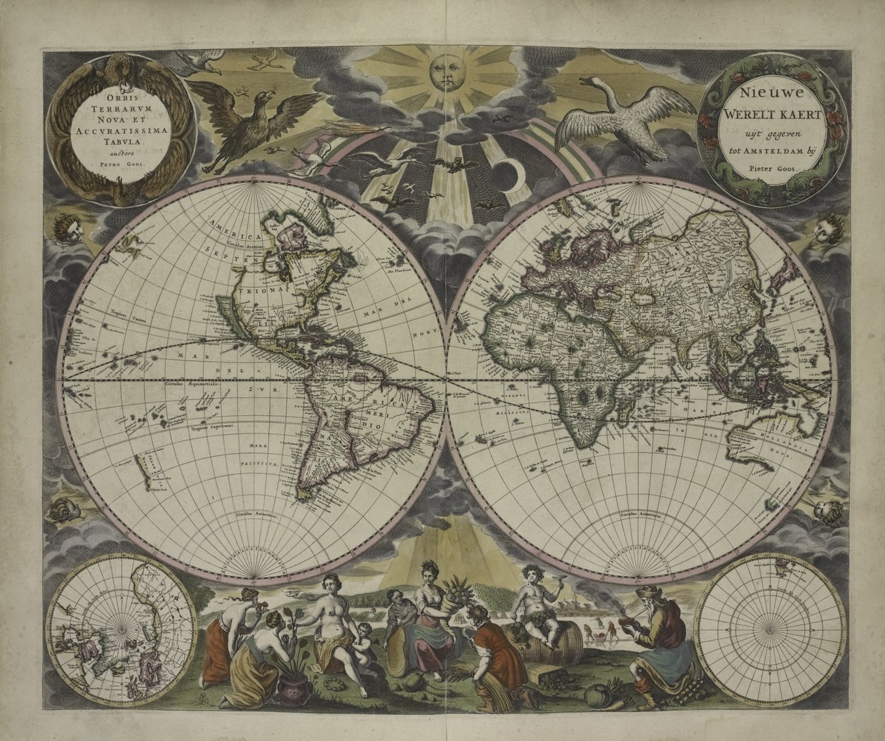 Goos&39;s Sea Atlas of Water World, 1672 से डबल-गोलार्ध दुनिया का नक्शा (हाथ के रंग का उत्कीर्णन) द्वारा पीटर गूस