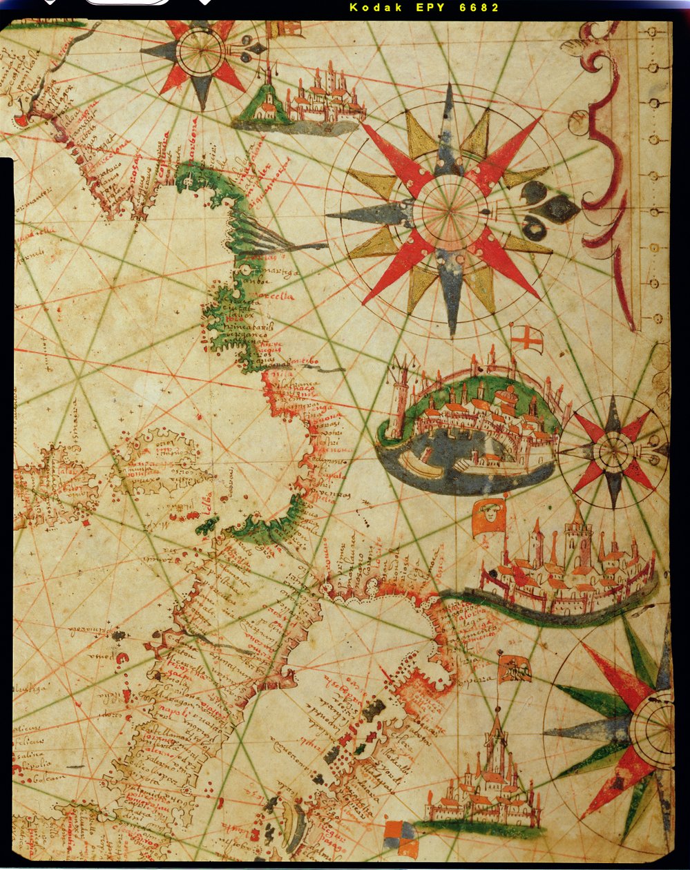 फ्रांस के दक्षिण तट, इटली और डालमिया, एक नौटिकल एटलस से, 1651 (वेल्लम पर स्याही) (330924 से विस्तार) द्वारा पिएत्रो जियोवानी प्रून्स