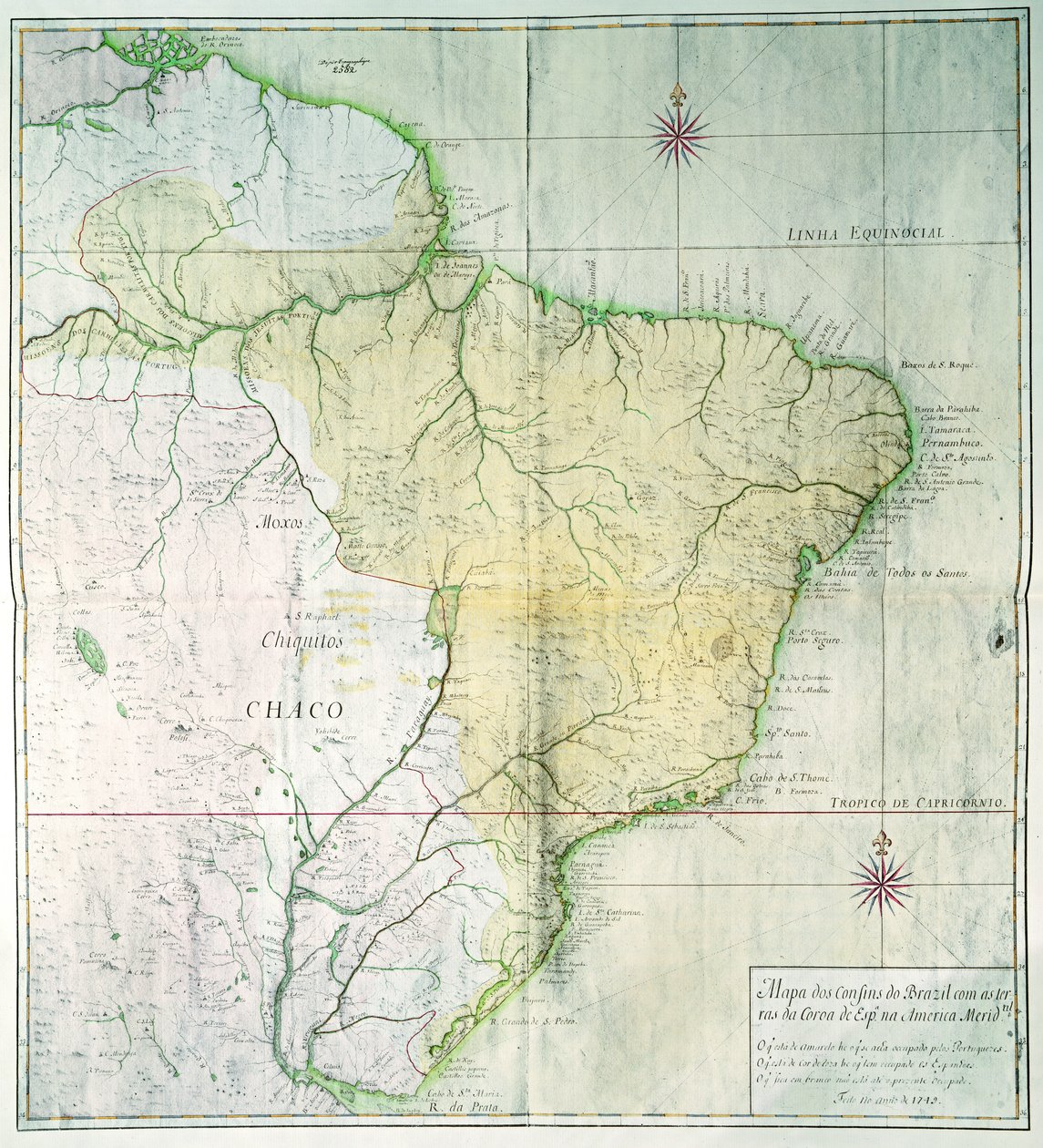 ब्राजील का मानचित्र, 1749 (रंग उत्कीर्णन) द्वारा पुर्तगाली स्कूल