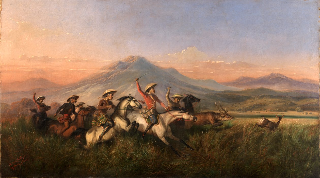 छह घुड़सवार हिरण का पीछा करते हुए, 1860। द्वारा राधे सालेह