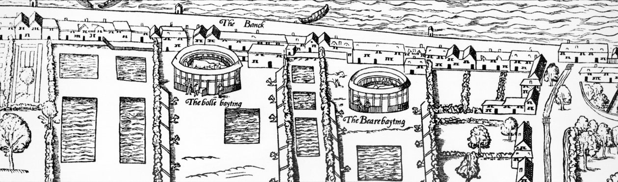 शेक्सपियर थिएटर की साइट, Civitas Londinum का विस्तार, लंदन का नक्शा, 1560 वुडब्लॉक प्रिंट द्वारा राल्फ अगास
