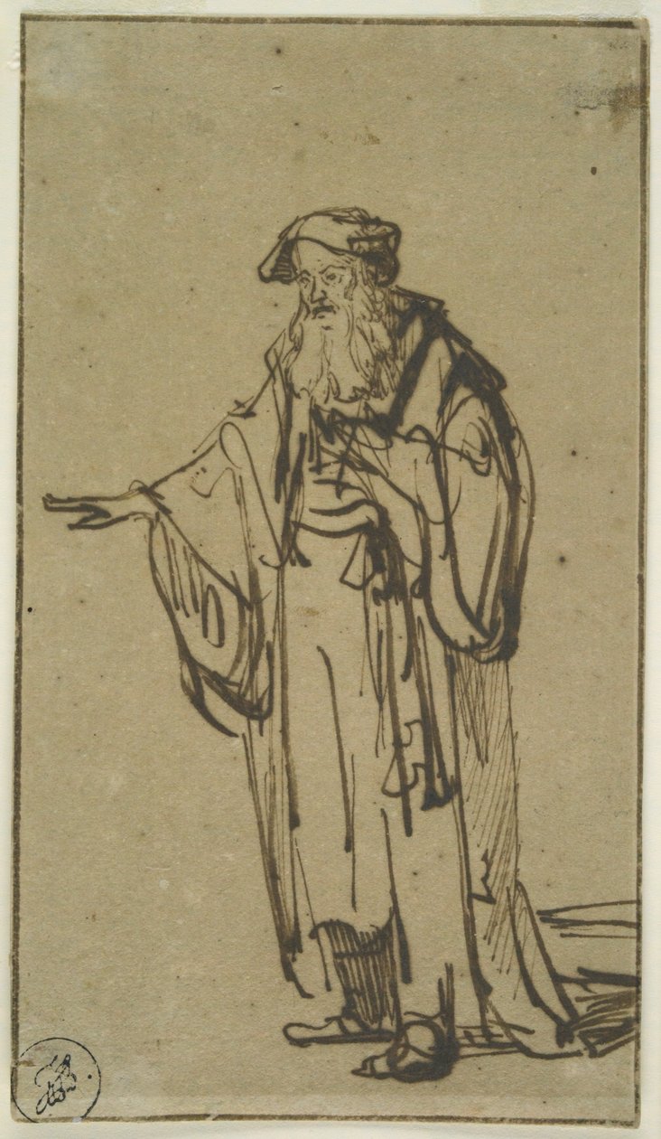 एक स्थायी बूढ़ा आदमी, c.1638 (कागज पर धोने के साथ कलम और स्याही) द्वारा रिमब्रांड वैन रिजन