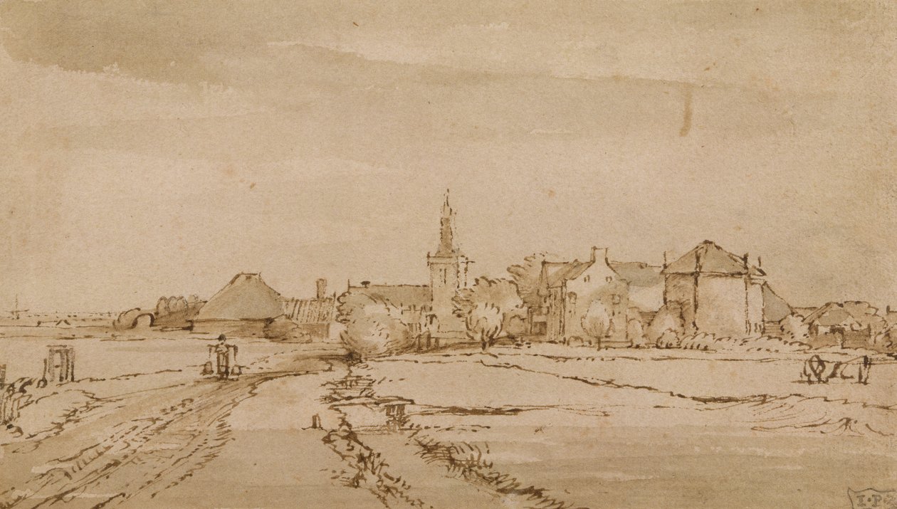 डायमेन का दृश्य, c.1650-52 (कलम, भूरी स्याही, कागज पर धोएं) द्वारा रिमब्रांड वैन रिजन