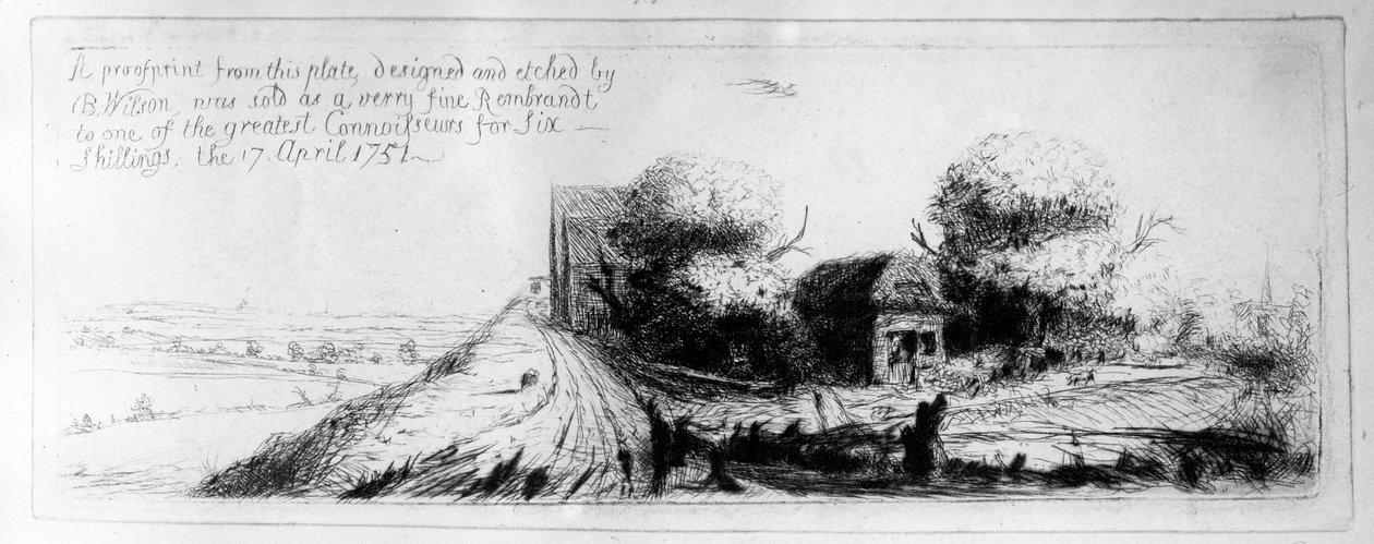 देश की लेन और कॉटेज के साथ लैंडस्केप, बेंजामिन विल्सन, 1751 द्वारा etched द्वारा रिमब्रांड वैन रिजन