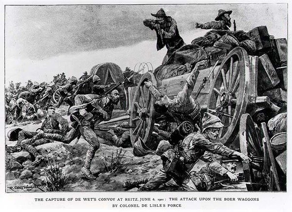 द वेट्स कॉन्वॉय ऑफ द रेइट्ज पर कब्जा, 6 जून 1901. कर्नल डे लिसन फोर्स द्वारा बोअर वैगन्स पर हमला द्वारा रिचर्ड कैटन II वुडविले