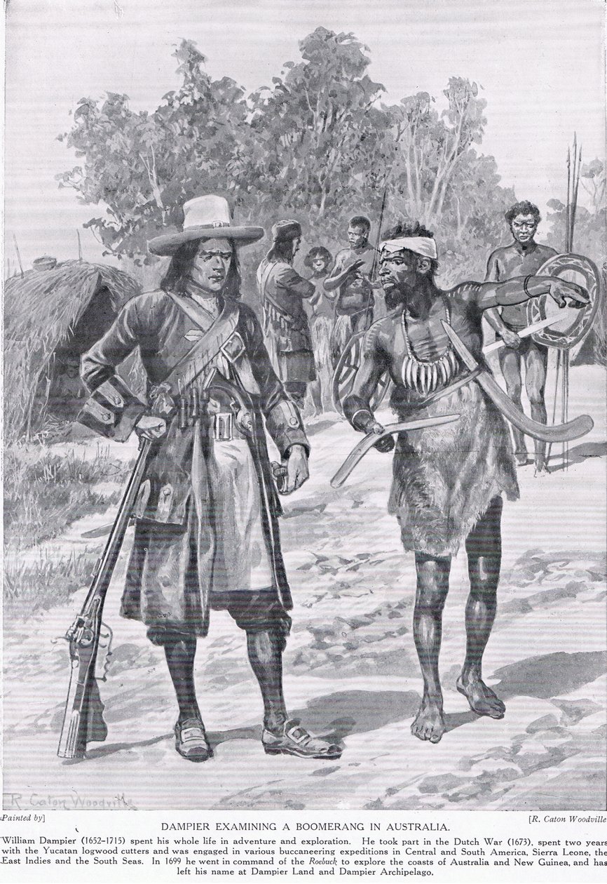 ऑस्ट्रेलिया में एक बूमरैंग की जांच करते हुए डम्पीयर, c.1910 द्वारा रिचर्ड केटन वुडविले