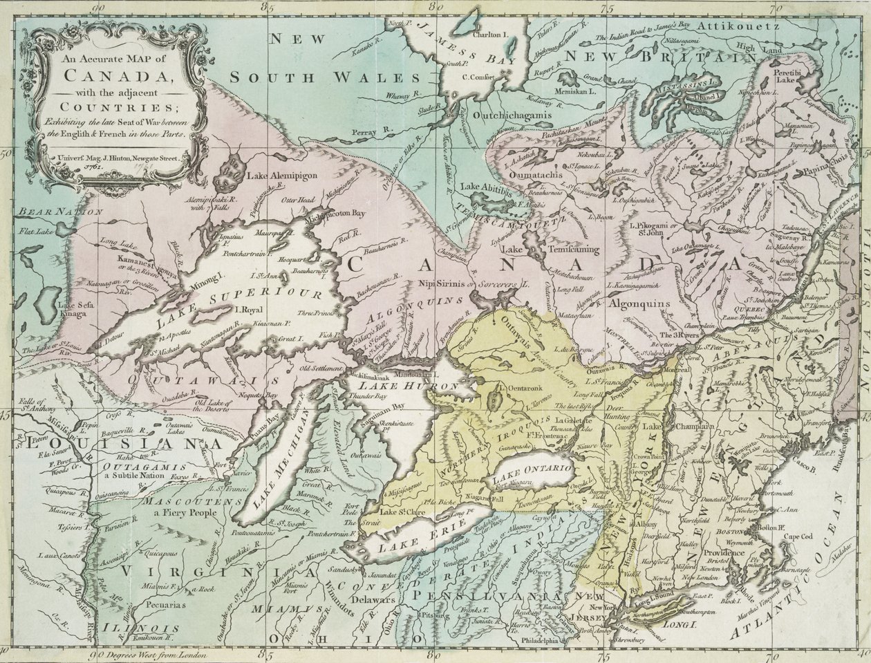 कनाडा का एक सटीक नक्शा, आसन्न देशों के साथ, 1761 द्वारा रिचर्ड विलियम सीले