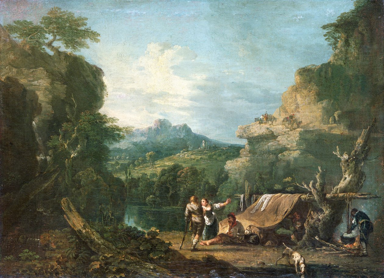 एक तंबू के चारों ओर दस्यु के साथ लैंडस्केप, 1752। द्वारा रिचर्ड विल्सन