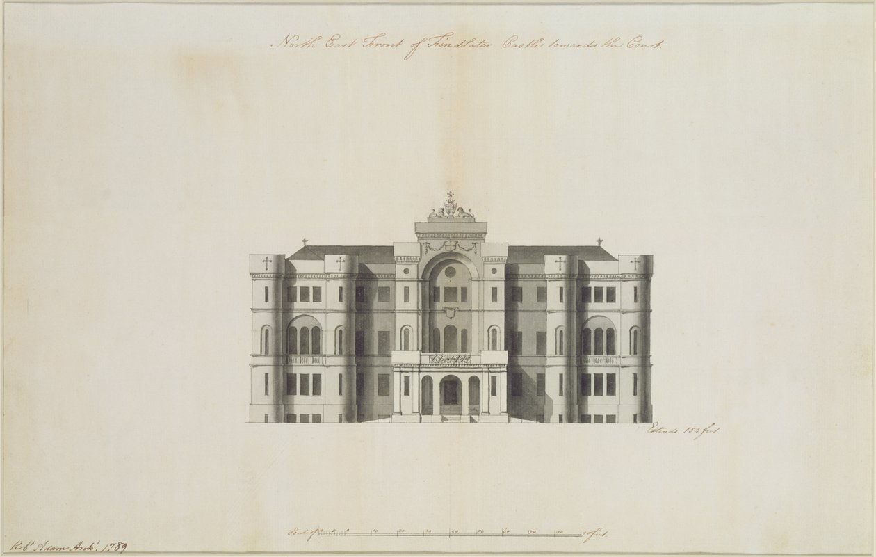 सीफील्ड के अर्ल, 1789 (कागज पर स्याही पूर्व धोना) के लिए नॉर्थ ईस्ट फ्रंट ऑफ फाइंडलाटर कैसल के लिए एक अनएक्सपेक्टेड डिज़ाइन (यह भी देखें द्वारा रॉबर्ट एडम