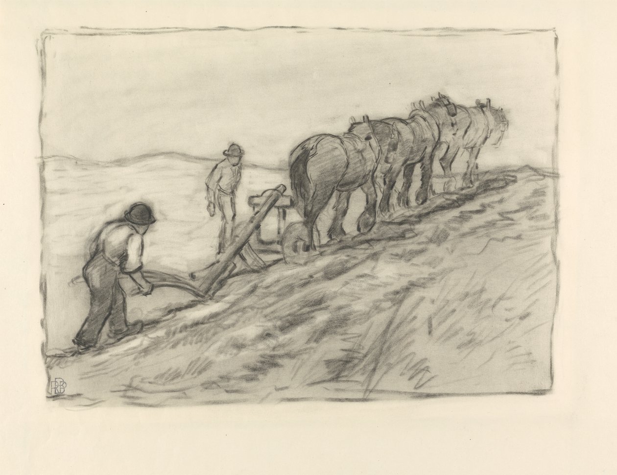 पहाड़ियों की जुताई, c.1905 (कागज पर काला क्रेयॉन) द्वारा रॉबर्ट पोलहिल बेवन