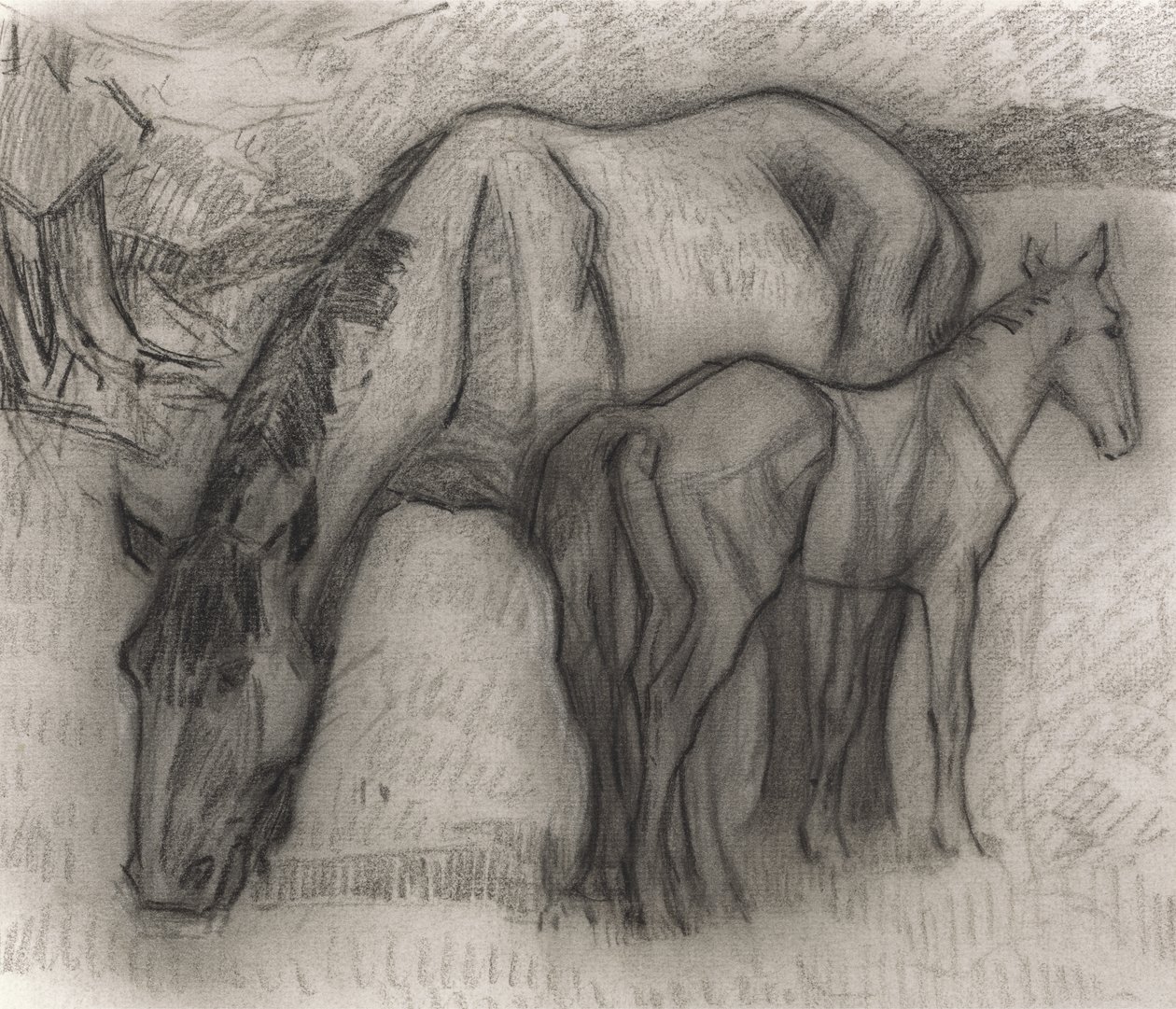घोड़ी और फाल, लिटचैट, क्लेहिडन, 1917 (कागज पर काला क्रेयॉन) द्वारा रॉबर्ट पोलहिल बेवन