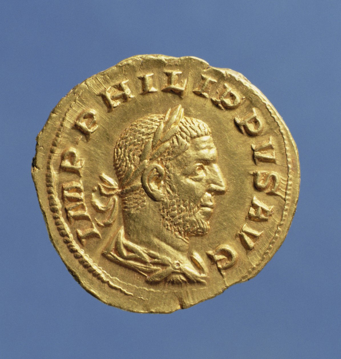 फिलिप के अरब (244-249) ऑरेस (obverse) ने एक लॉरेल पुष्पमाला पहना, लिपटी हुई थी। शिलालेख: छोटा सा भूत फिलिप एवीजी (सोना) द्वारा उपन्यास