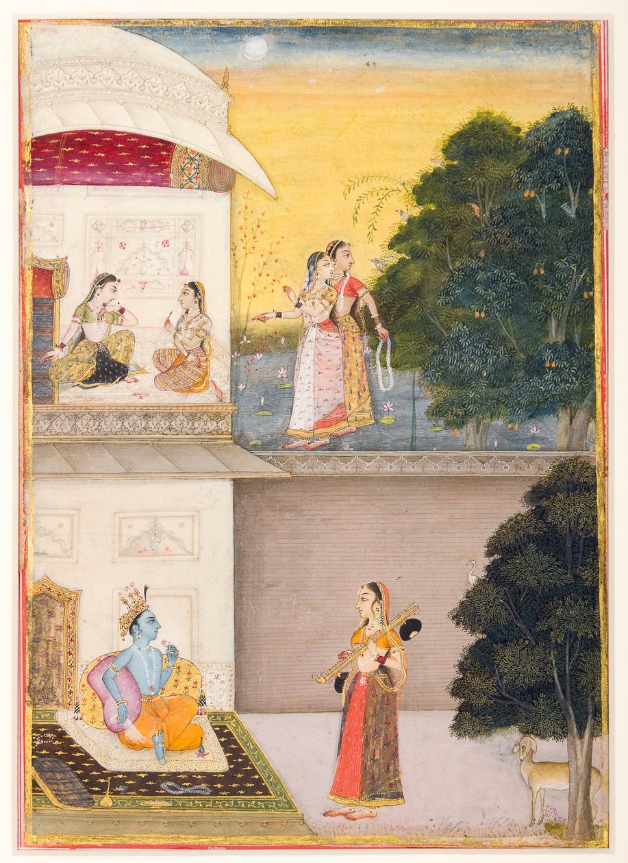 राधा कृष्ण के साथ अपनी पत्नी, 1685 (कागज पर अपारदर्शी wc und सोना) लेकर आती हैं। द्वारा बीकानेर के रुकुनुद्दीन