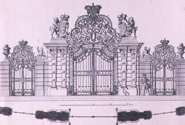 वियना में Schloss Belvedere के प्रवेश द्वार की योजना और ऊंचाई जोहान जॉर्ज ओवेग c.1725 द्वारा डिज़ाइन की गई है, जोहान अगस्त कोरविनस (1683-1738) द्वारा उत्कीर्ण द्वारा एक के बाद एक छोटे-छोटे