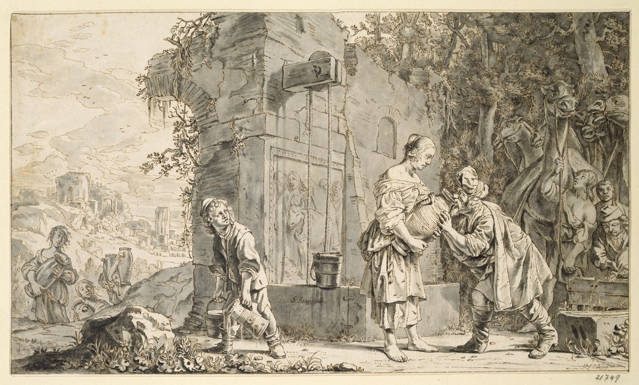 रेबेका और एलीएज़र, 1660 (कलम और स्याही और कागज पर धो) द्वारा सॉलोमन डी ब्रे