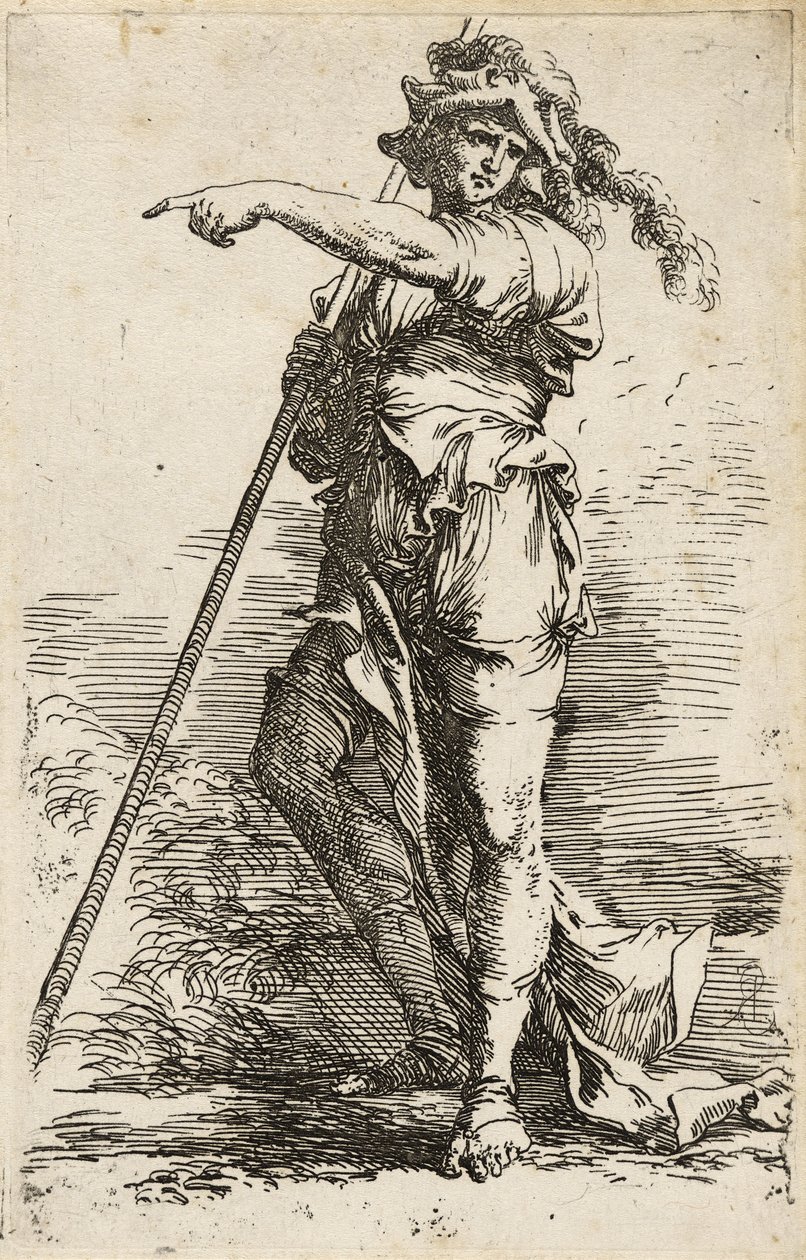 स्थायी योद्धा, अपने कंधे पर एक लंबा स्टाफ पकड़े और इशारा करते हुए, c.1656-57 (रखी कागज पर ड्रायपॉइंट के साथ नक़्क़ाशी) द्वारा निस्तारण रोजा
