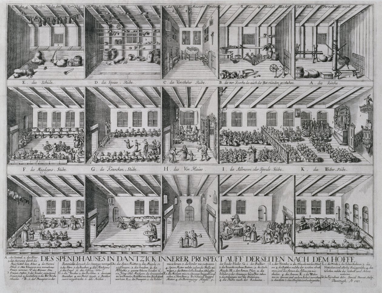 बच्चों और बुजुर्गों के लिए आश्रय, 1707 (ब्लॉटिंग पेपर पर तांबे की नक्काशी) द्वारा 