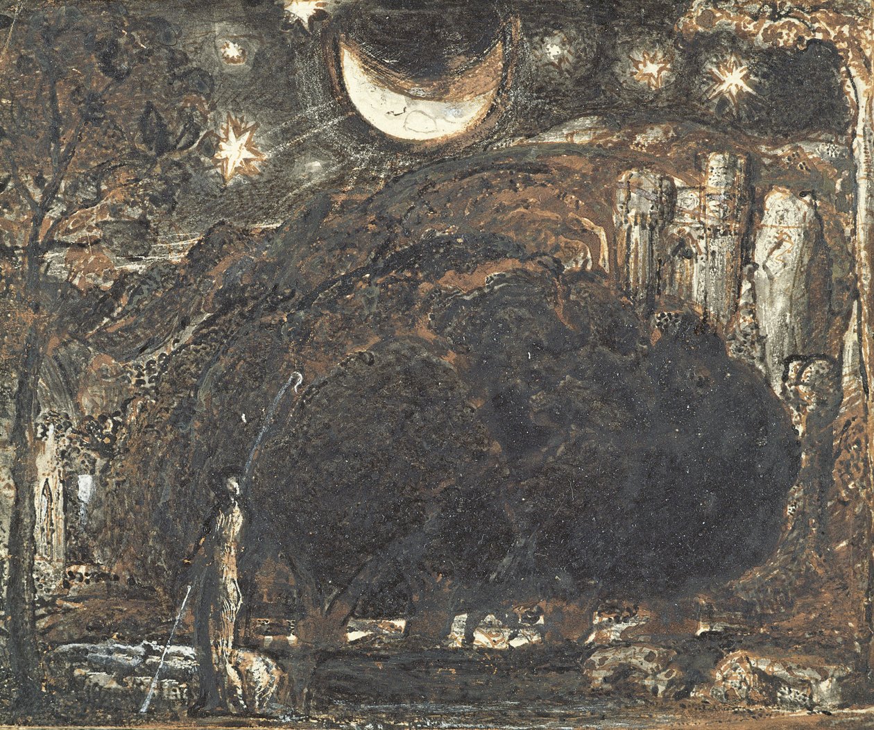 चंद्रमा और सितारों के नीचे एक चरवाहा और उसका झुंड, c.1827 (कागज पर पेन und ink वॉश) द्वारा सैमुअल पामर