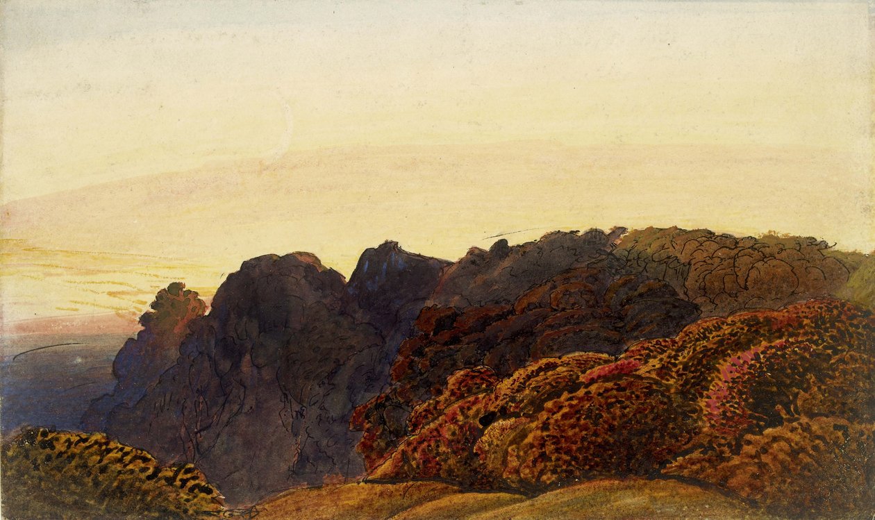 पीले गोधूलि, c.1830 (कलम और भारतीय स्याही और धोने, पानी के रंग और बॉडीकोल और गोंद अरबी के साथ, ऑफ-व्हाइट पेपर पर) द्वारा सैमुअल पामर