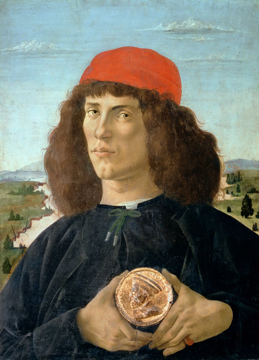 Cosimo I de &39;Medici (&39; द एल्डर &39;) (1389-1463) (पैनल पर तड़का) के पदक को धारण करने वाले एक युवक का चित्र द्वारा सैंड्रो बॉटलिकली