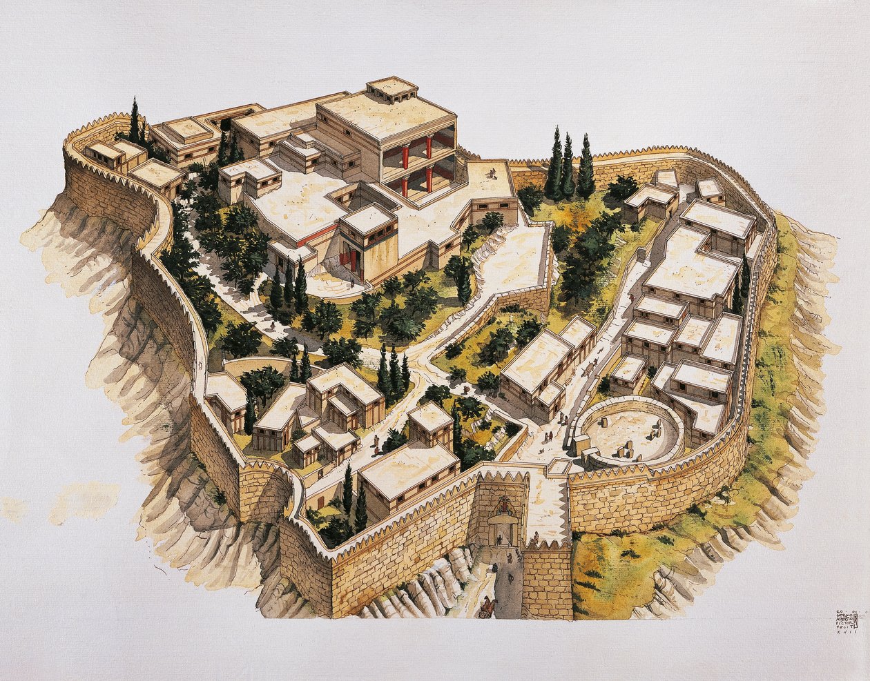 प्राचीन Mycenae का पुनर्निर्माण (रंग लिथो) द्वारा स्कूल इतालवी