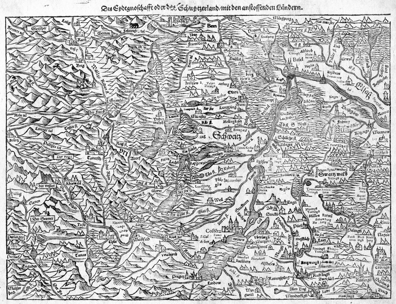 सेबास्टियन मुन्स्टर द्वारा स्विट्जरलैंड का पुराना नक्शा, 1550 द्वारा सेबस्टियन मुंस्टर