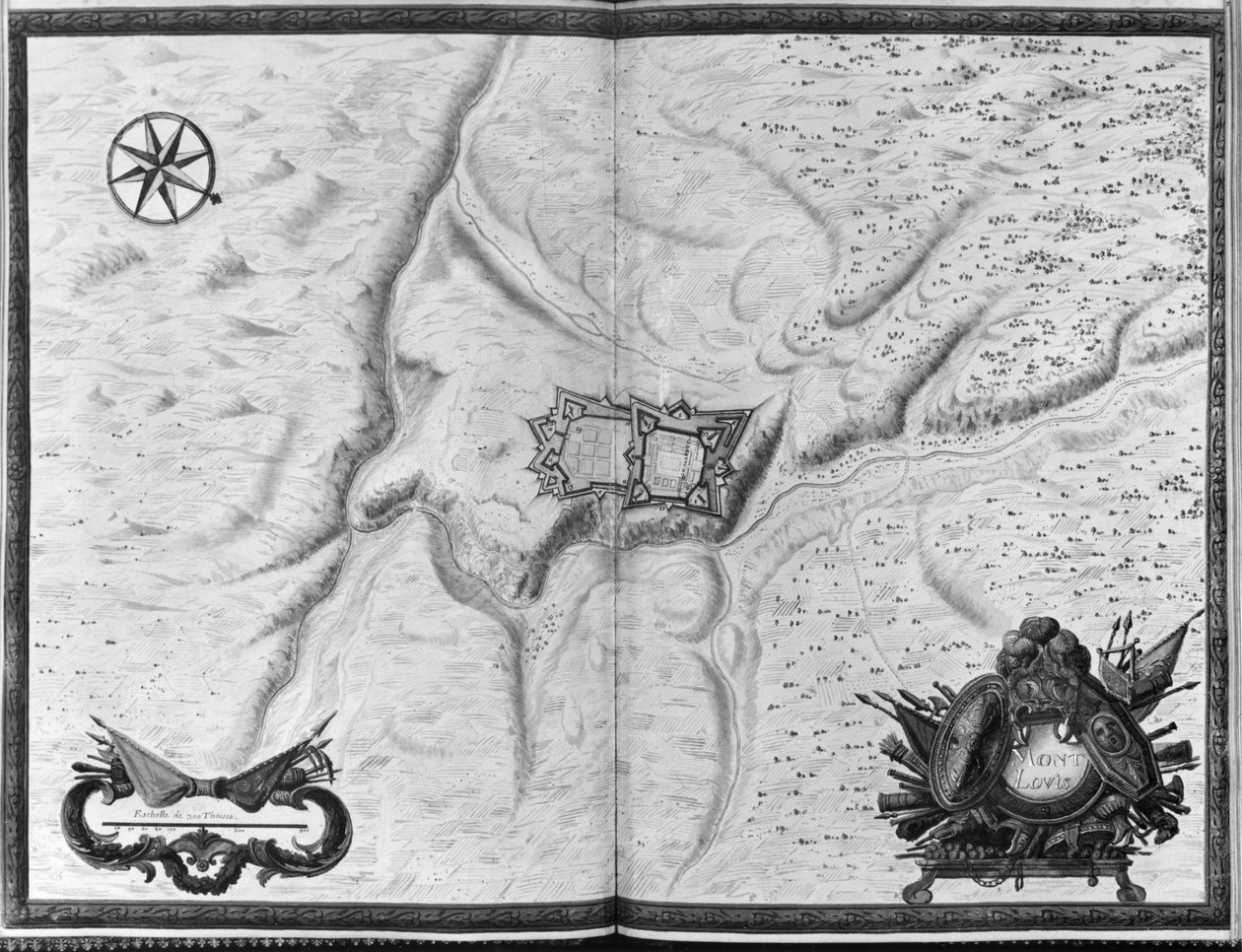 सुश्री 986 एटलस 1081 योजना और शहर, गढ़ और मोंट-लुइस, 1665 के परिवेश का नक्शा द्वारा सेबस्टियन ले प्रेस्ट्रे डे वौबन